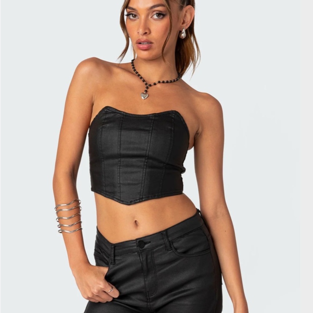 Edikted Black Strapless Faux Leather Corset Top